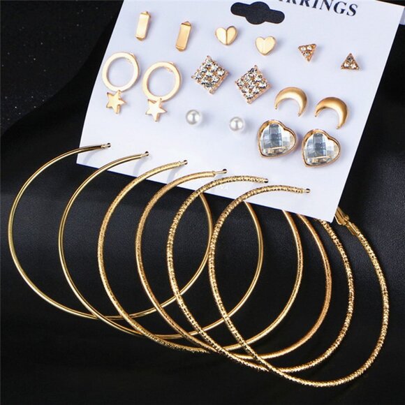 😍12 Pair NWT 14K Gold Geometric Crystal Heart Heart Stud Earring Set Mix, F271 - Picture 6 of 8